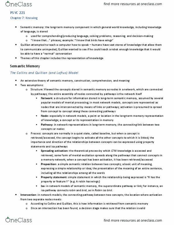 PSYC 221 Chapter Notes - Chapter 7: Semantic Memory, Semantic Similarity, Semantic Network thumbnail