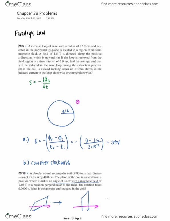 PHYSICS 7D Chapter Notes - Chapter 29: Faraday'S Law Of Induction, Electric Field thumbnail