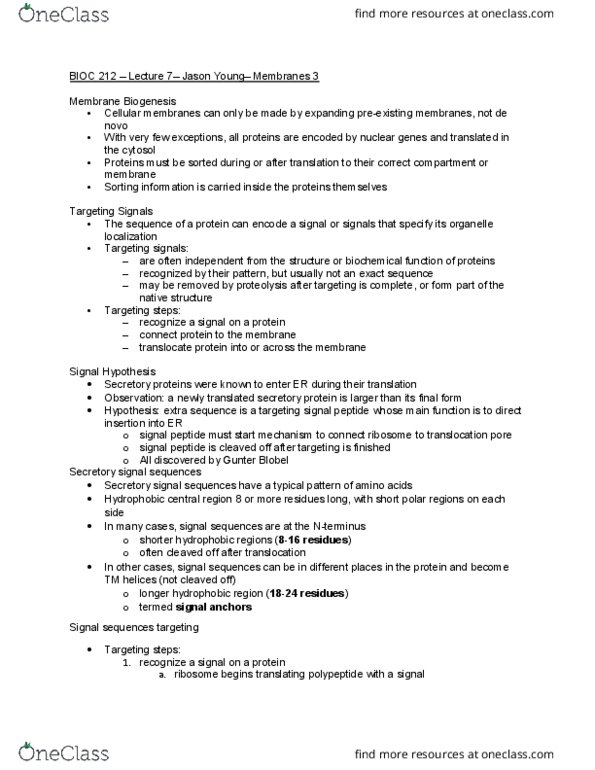 BIOC 212 Lecture Notes - Lecture 7: Günter Blobel, Secretory Protein, Translocon thumbnail