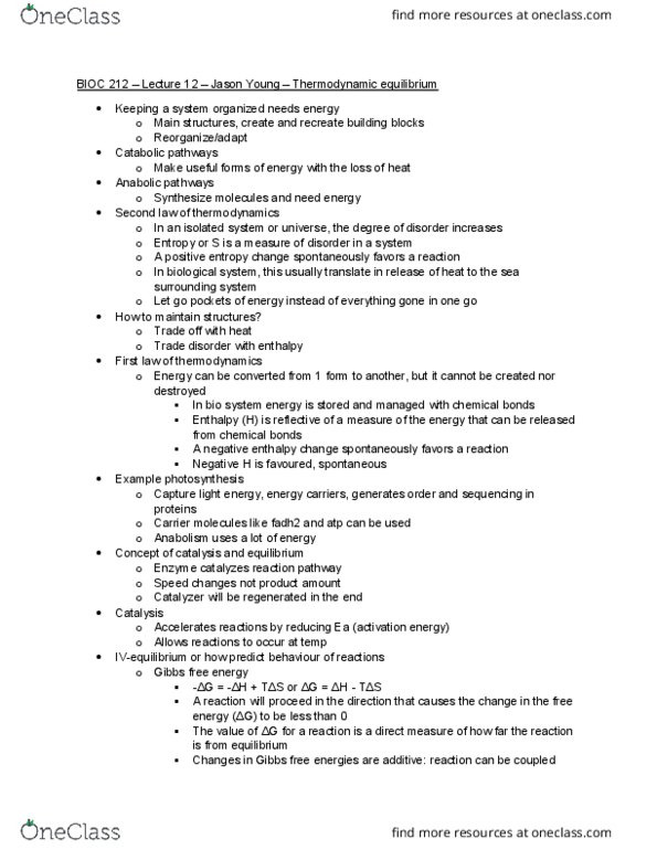 BIOC 212 Lecture Notes - Lecture 12: Thermodynamic Equilibrium, Chemical Equilibrium, Activation Energy thumbnail