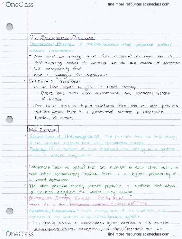 CHEM 113 Chapter Notes - Chapter 12.1-12.3: Thermodynamics thumbnail