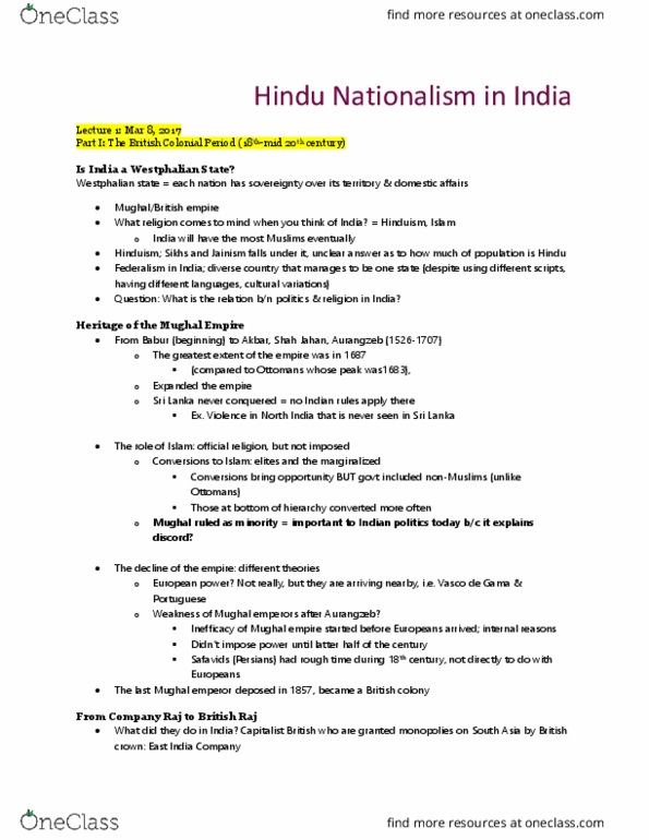 SRS 2195 Lecture Notes - Lecture 1: Vedas, Indus Valley Civilisation, Hindu Nationalism thumbnail