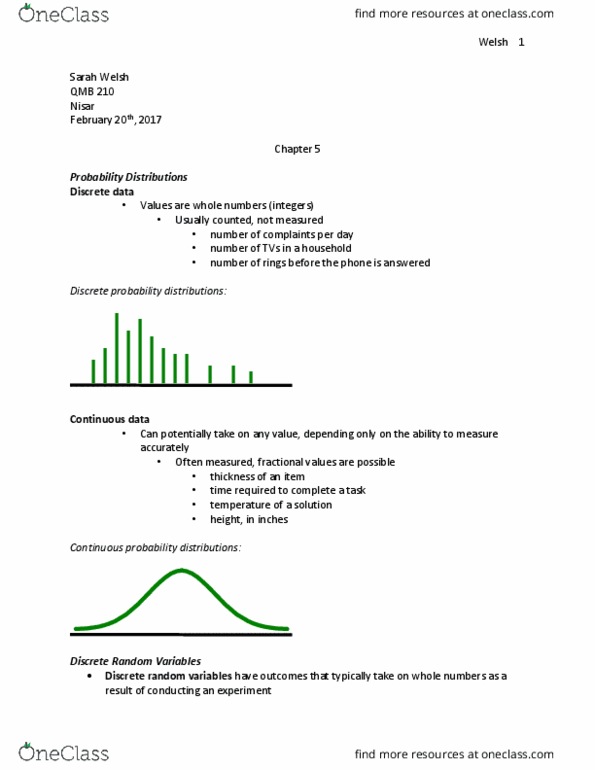 QMB-210 Lecture Notes - Lecture 14: Mutual Exclusivity, Random Variable, Binomial Distribution thumbnail