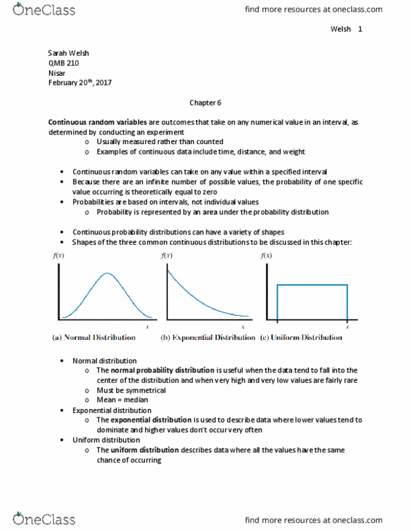 QMB-210 Lecture Notes - Lecture 15: Exponential Distribution, Normal Distribution, Standard Deviation thumbnail