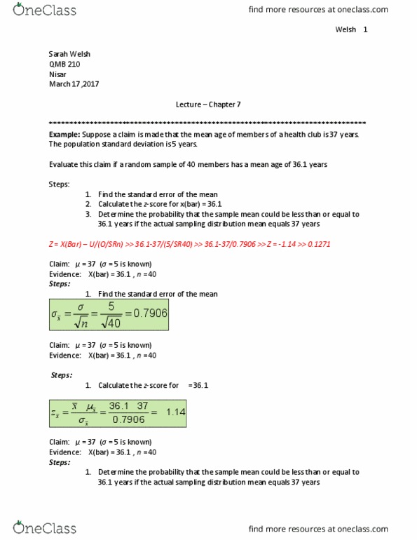 QMB-210 Lecture Notes - Lecture 18: Sample Size Determination, Binomial Distribution, Sampling Distribution thumbnail