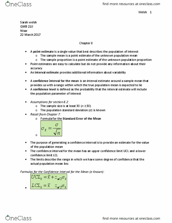 QMB-210 Lecture Notes - Lecture 20: Interval Estimation, Point Estimation, Confidence Interval thumbnail