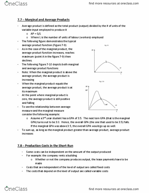 ECON 2010 Lecture Notes - Lecture 13: Marginal Product, Average Variable Cost, Fixed Cost thumbnail