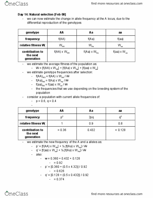 BIOL 2400 Lecture Notes - Lecture 14: Genotype Frequency, Natural Selection, Zygosity thumbnail