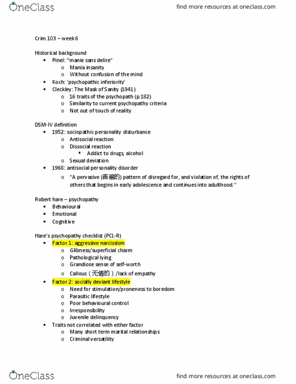 CRIM 103 Lecture Notes - Lecture 6: Psychopathy Checklist, Antisocial Personality Disorder, Superficial Charm thumbnail