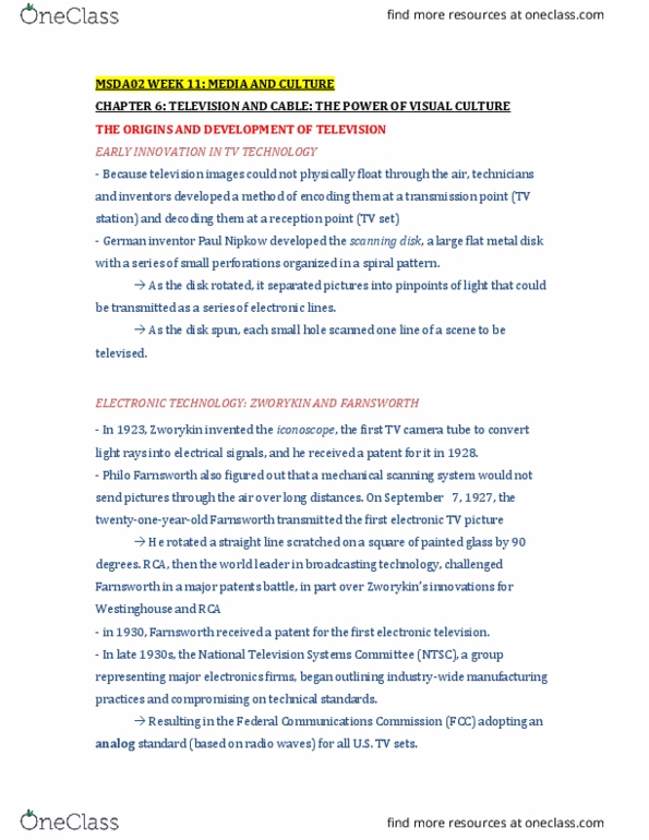 MDSA02H3 Chapter Notes - Chapter 6: Philo Farnsworth, Federal Communications Commission, Satellite Television thumbnail