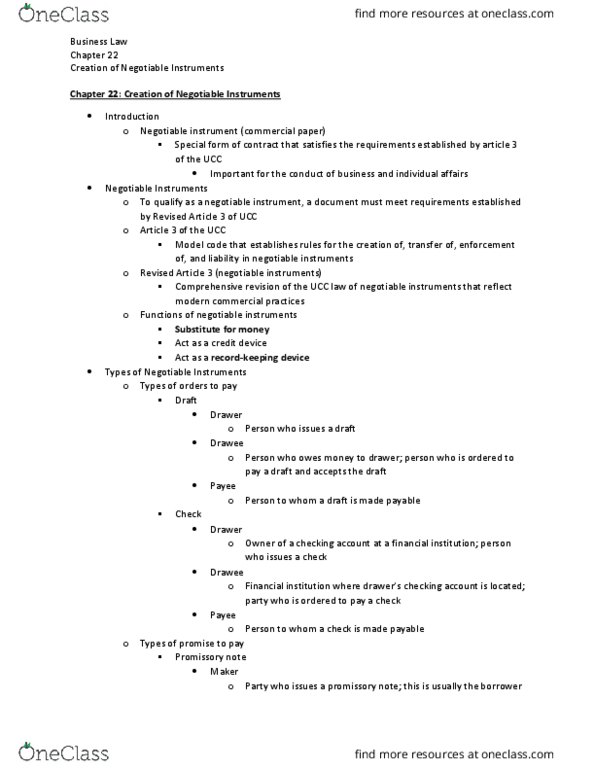 SCMA 323 Chapter Notes - Chapter 22: Negotiable Instrument, Promissory Note, Commercial Paper thumbnail