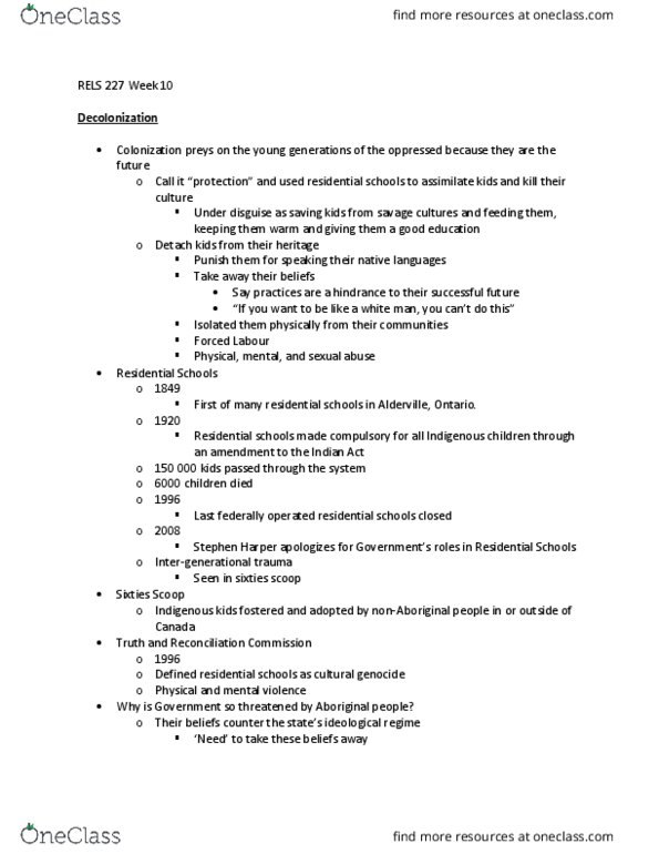 RELS 227 Lecture Notes - Lecture 9: Sixties Scoop, Indian Act, Protestantism thumbnail