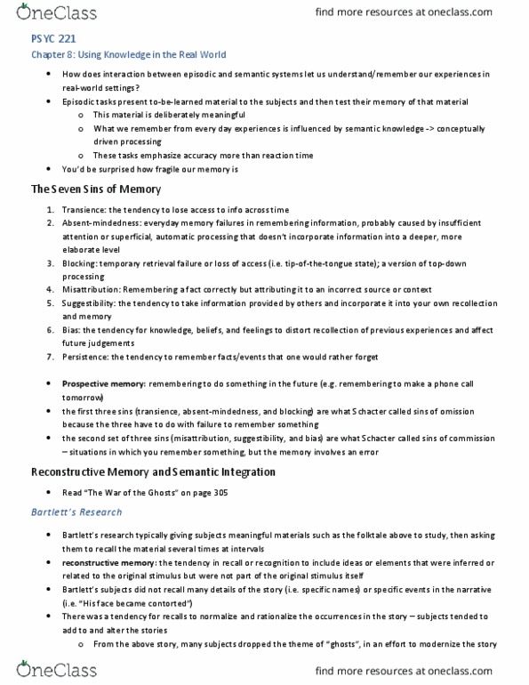 PSYC 221 Chapter Notes - Chapter 8: Semantic Integration, Semantic Network, Eyewitness Memory thumbnail