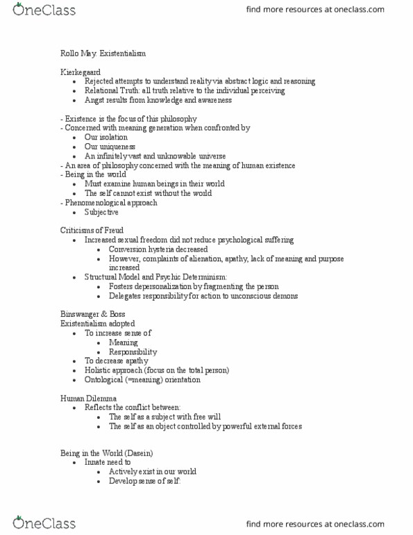 PSY 393 Lecture Notes - Lecture 6: Otto Binswanger, Rollo May, Dasein thumbnail