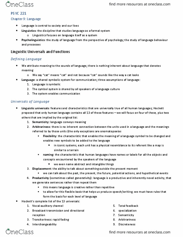 PSYC 221 Chapter Notes - Chapter 9: Phrase Structure Rules, Linguistic Universal, Transformational Grammar thumbnail