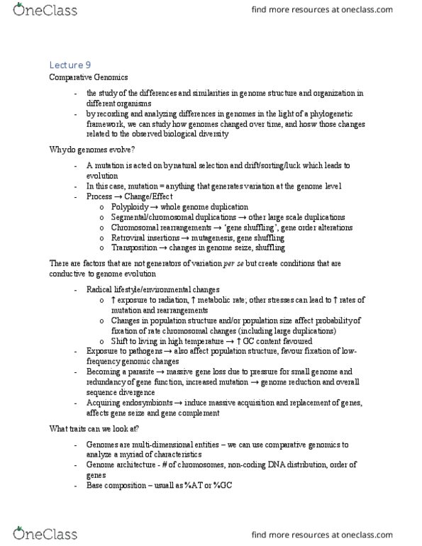 BIOC 4403 Lecture Notes - Lecture 9: Saccharomyces Cerevisiae, Comparative Genomics, Fot thumbnail