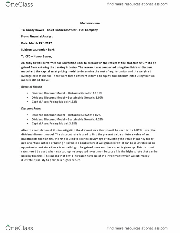 ECON 2560 Lecture Notes - Lecture 14: Capital Asset Pricing Model, Dividend Discount Model, Laurentian Bank Of Canada thumbnail