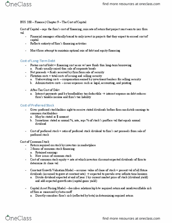 BUS 330 Lecture Notes - Lecture 10: Dividend Yield, Preferred Stock, Retained Earnings thumbnail