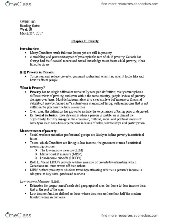 SWRK 1001H Chapter Notes - Chapter 9: Median Income, Visible Minority, Friends House thumbnail