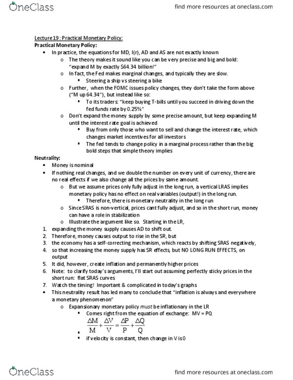 ECON 102 Lecture Notes - Lecture 19: Federal Funds Rate, Neutrality Of Money, Monetarism thumbnail