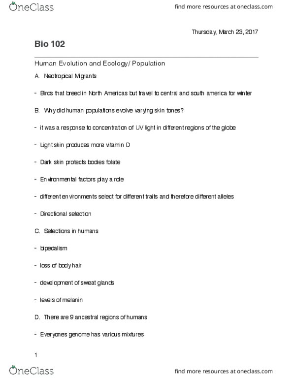 BIOL 102 Lecture Notes - Lecture 18: Neotropical Realm, Dark Skin, Light Skin thumbnail