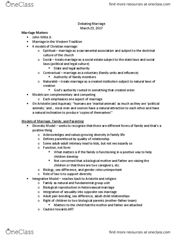 RELG 271 Lecture Notes - Lecture 18: Civil Marriage Act, Spiritual Marriage, Reproduction thumbnail