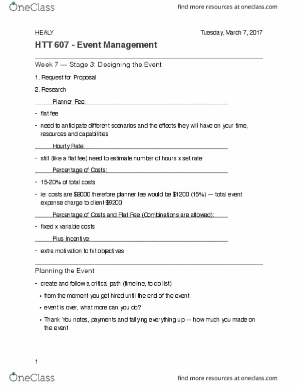 HTT 607 Lecture Notes - Lecture 7: Critical Path Method, Fixed Cost, Contingent Fee thumbnail