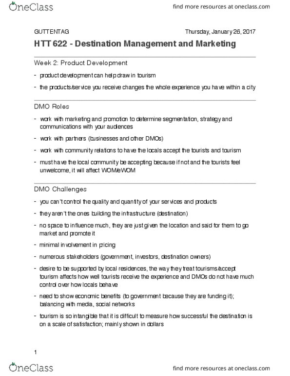 HTT 622 Lecture Notes - Lecture 2: Marketing Week, Canadian Dollar, Strategic Management thumbnail