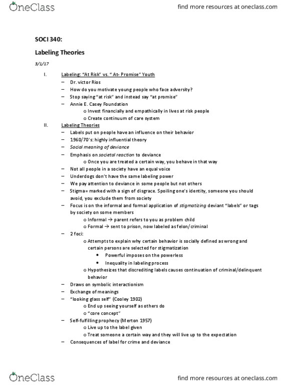 SOCI 304 Lecture Notes - Lecture 8: Labeling Theory, Equal Voice, Symbolic Interactionism thumbnail