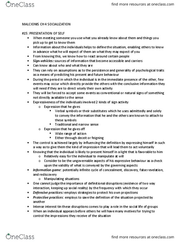 SOCI 102 Chapter Notes - Chapter 4: Identity Management, Impression Management, Total Institution thumbnail