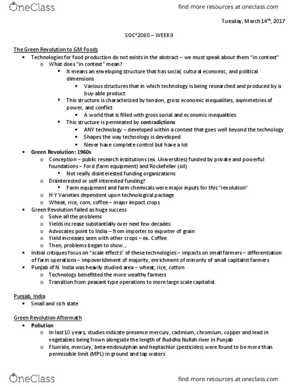 SOC 2080 Lecture Notes - Lecture 20: Punjab, India, Agricultural Machinery, The Indian Express thumbnail