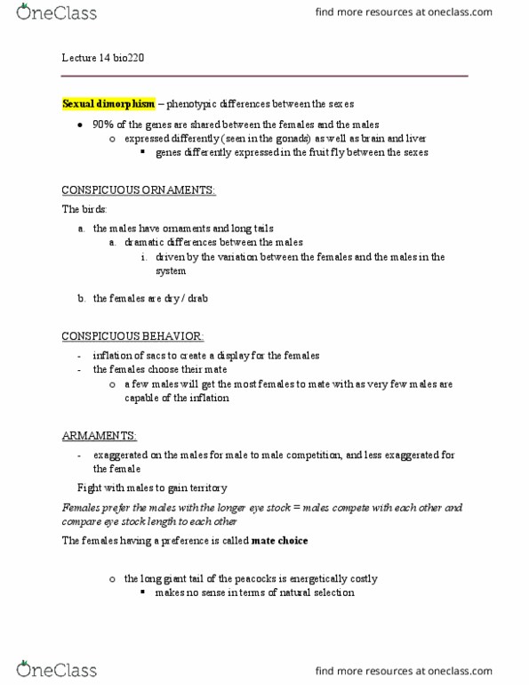 BIO220H1 Lecture Notes - Lecture 14: Mate Choice, Sperm Competition, Sexual Selection thumbnail