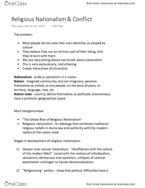 ANTHROP 1AB3 Lecture Notes - Lecture 20: Mark Juergensmeyer, Religious Nationalism, Ethnocentrism thumbnail