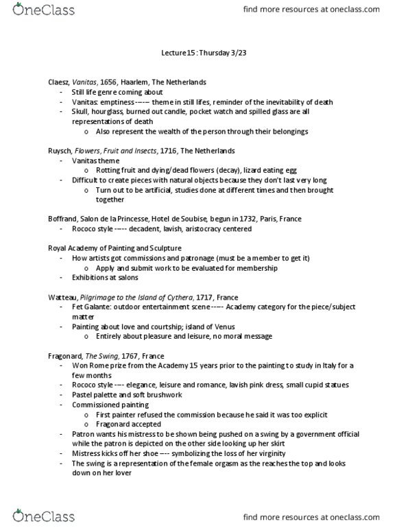 ARTH 206 Lecture Notes - Lecture 15: Pocket Watch, Rococo, Jean-Antoine Watteau thumbnail