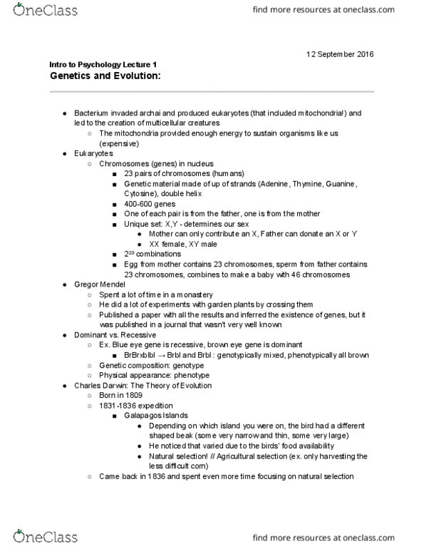 PSYCH-UA 1 Lecture Notes - Lecture 1: Gregor Mendel, Cytosine, Guanine thumbnail