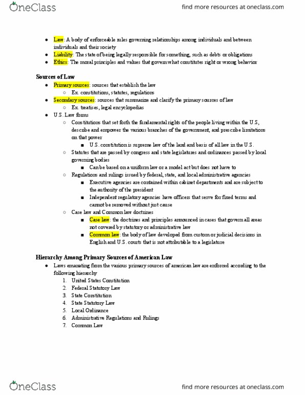 BLAW 2200 Lecture Notes - Lecture 1: Regulatory Agency, United States Constitution, Uniform Act thumbnail