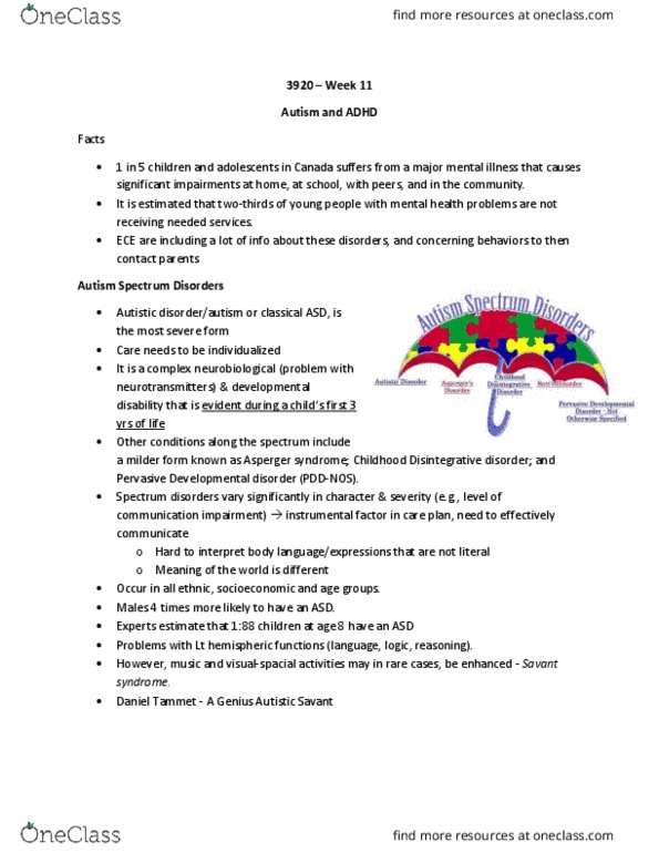 Nursing 3920A/B Lecture Notes - Lecture 11: Autism Spectrum, Pervasive Developmental Disorder, Fragile X Syndrome thumbnail