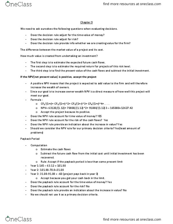 FIN 300 Lecture Notes - Lecture 10: Net Present Value, Decision Rule, Cash Flow thumbnail