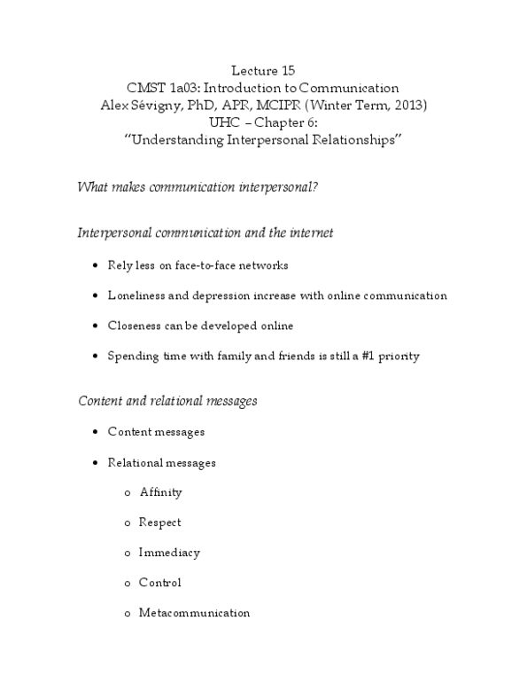 CMST 1A03 Lecture Notes - Chartered Institute Of Public Relations, Interpersonal Communication thumbnail
