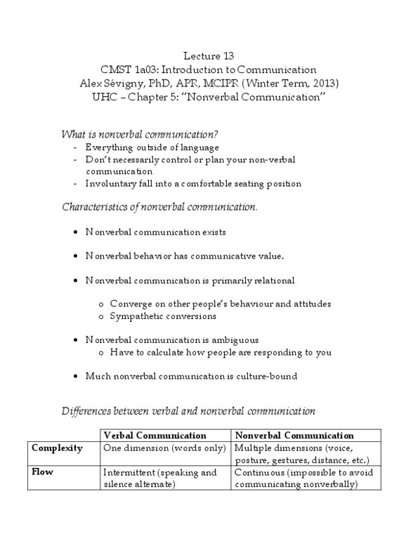 CMST 1A03 Lecture Notes - Paralanguage, Kinesics, Physical Attractiveness thumbnail