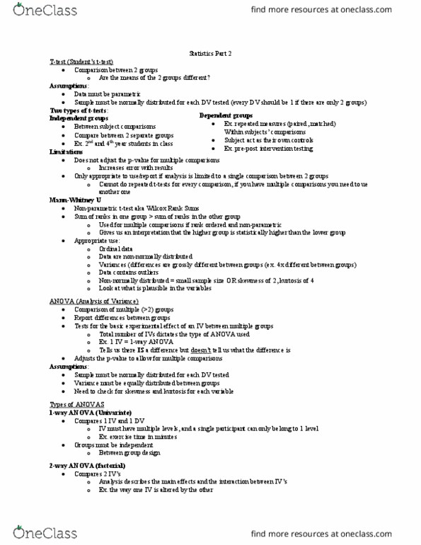 Kinesiology 2032A/B Lecture Notes - Lecture 2: Linear Regression, List Of Statistical Packages, Parametric Statistics thumbnail