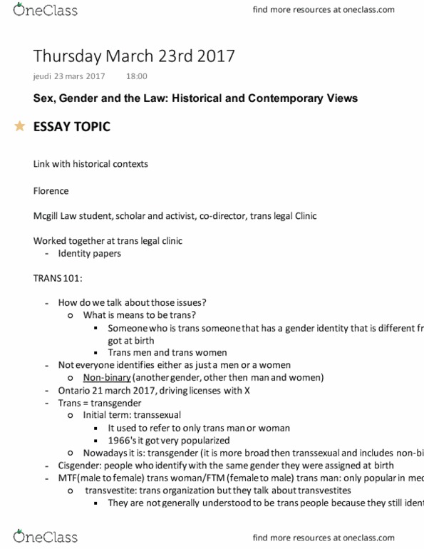 POLI 320 Lecture Notes - Lecture 23: Gender Dysphoria, Sex Education, Transphobia thumbnail