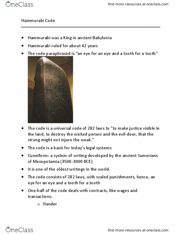 ARTH 1110 Lecture Notes - Lecture 10: Basalt, Code Of Hammurabi, Sumer thumbnail