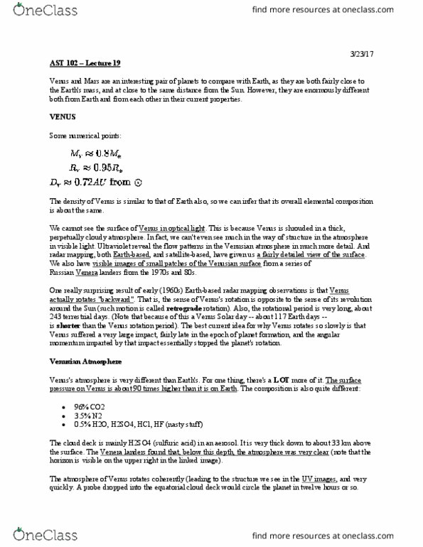 AST 102 Lecture Notes - Lecture 19: Subduction, Photodissociation, Venus Express thumbnail