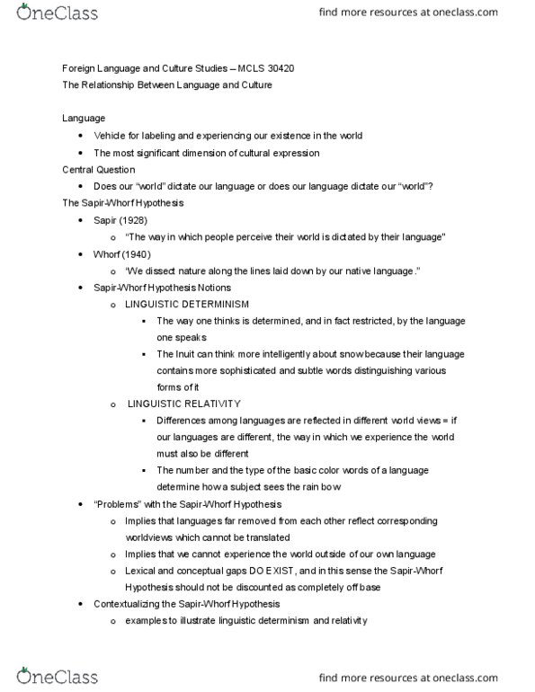 MCLS 30420 Lecture Notes - Lecture 4: Oneword, Linguistic Determinism, Linguistic Relativity thumbnail
