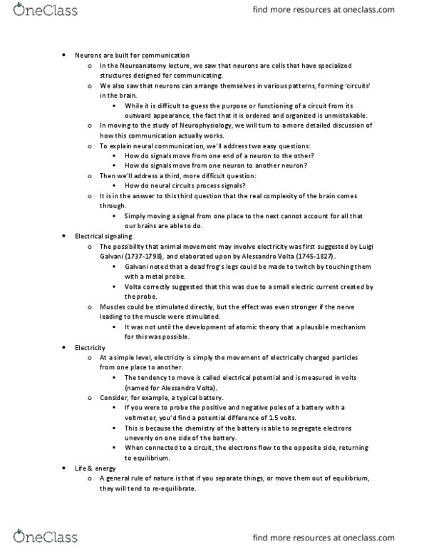 NEUR 1201 Lecture Notes - Lecture 3: Alessandro Volta, Luigi Galvani, Membrane Potential thumbnail