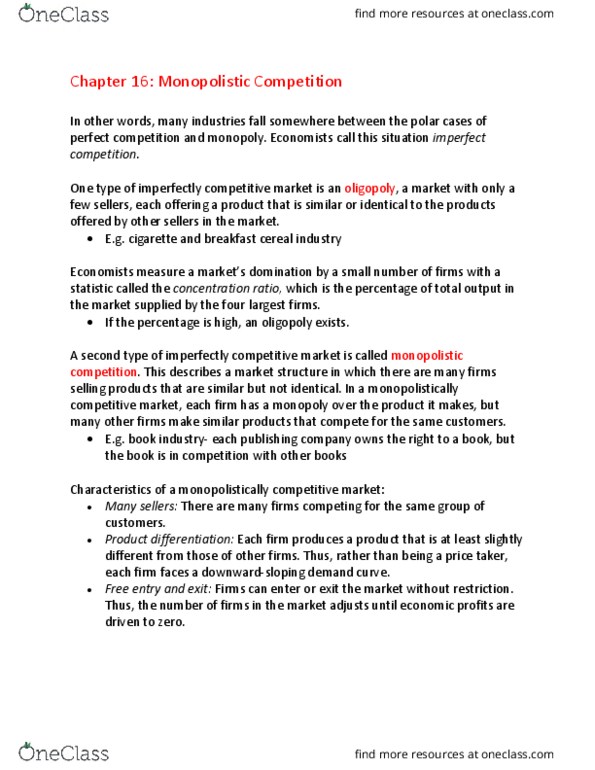 ECON 1116 Chapter Notes - Chapter 16: Market Power, Economic Surplus, Externality thumbnail