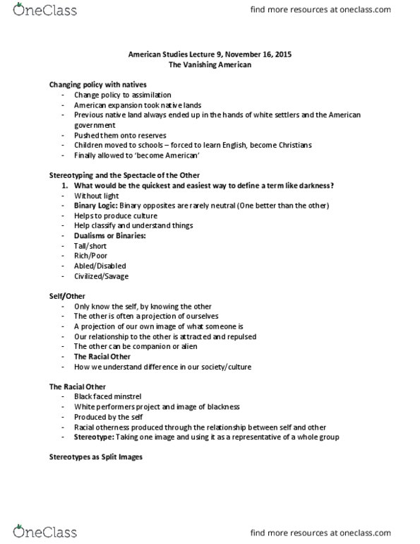 History 2132A/B Lecture Notes - Lecture 9: American Exceptionalism, Richard Slotkin, Natty Bumppo thumbnail