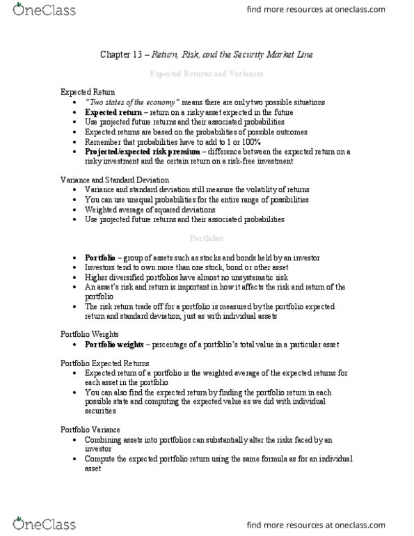 Management and Organizational Studies 2310A/B Chapter Notes - Chapter 13: Capital Asset Pricing Model, Risk-Free Interest Rate, Economic Equilibrium thumbnail