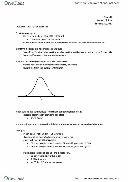 STATS 10 Lecture Notes - Lecture 5: Interquartile Range, Quartile, Standard Deviation thumbnail